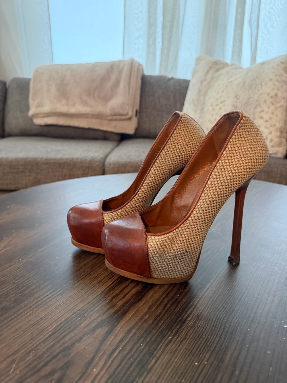 Saint Laurent Beige Woven and Brown Leather Platform Pumps - Picture 4 of 5